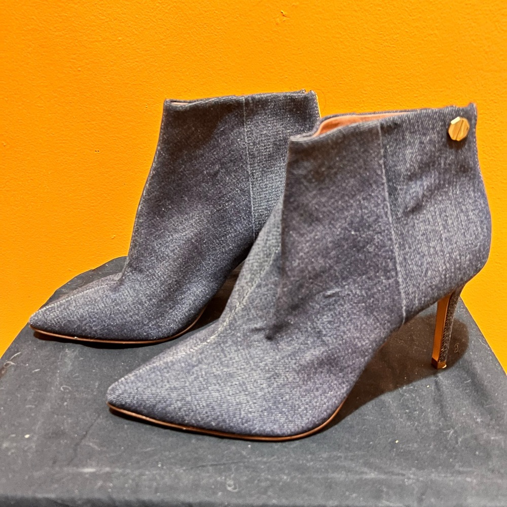 Denim pointy toe ankle bootie